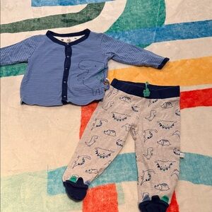 Just Born Organic Cotton Blue and Gray Dinosaur Matching Set Size 3-6M